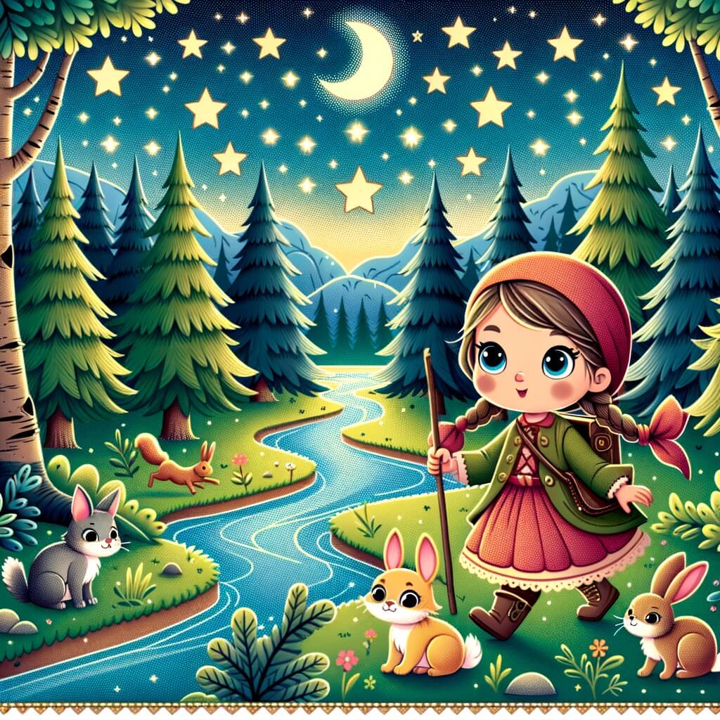 Une illustration destinée aux enfants représentant une petite fille intrépide, en pleine nature, accompagnée d'un chaton et d'un lapin, dans une forêt enchantée aux arbres majestueux, avec une rivière scintillante et une clairière paisible.