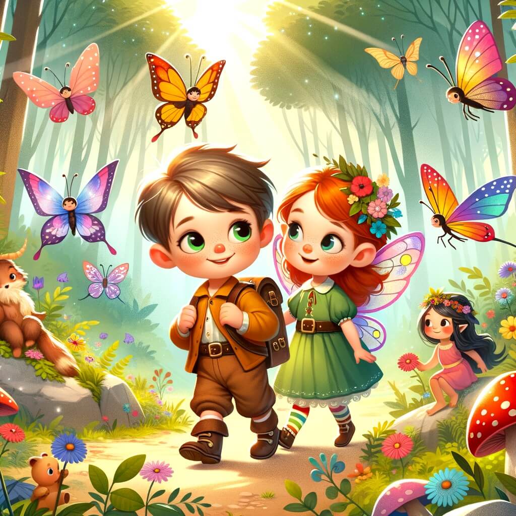 Une illustration destinée aux enfants représentant un petit garçon curieux et aventurier, accompagné d'un adorable compagnon féerique, explorant un monde magique rempli de fées et de papillons multicolores dans une forêt enchantée.