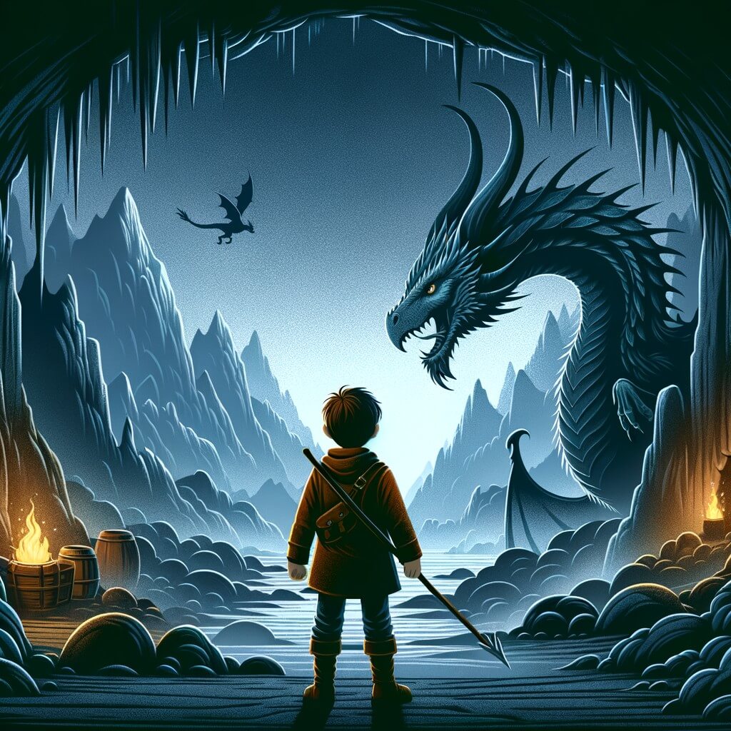 Une illustration destinée aux enfants représentant un petit garçon plein de courage se trouvant face à un dragon majestueux dans une grotte sombre et mystérieuse, prêt à vivre une incroyable aventure.