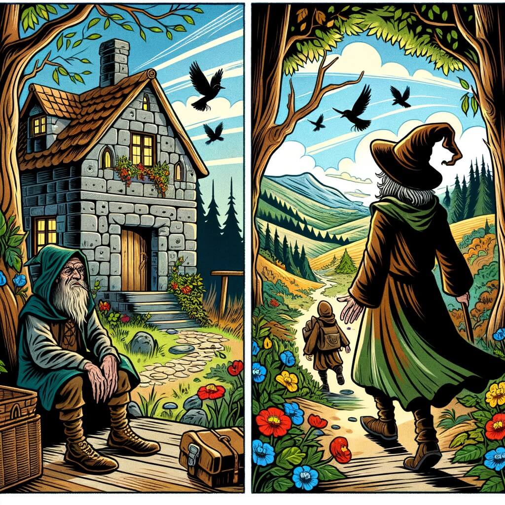 Une illustration pour enfants représentant un homme solitaire vivant dans une maison en pierre au bord de la forêt, cherchant désespérément le secret du bonheur.