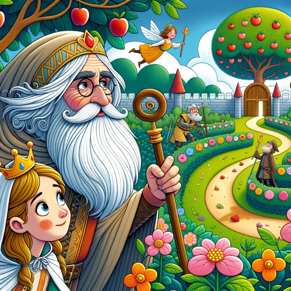 Une illustration pour enfants représentant un homme barbu qui quitte sa maison pour partir à l'aventure dans une forêt enchantée, à la recherche du bonheur.