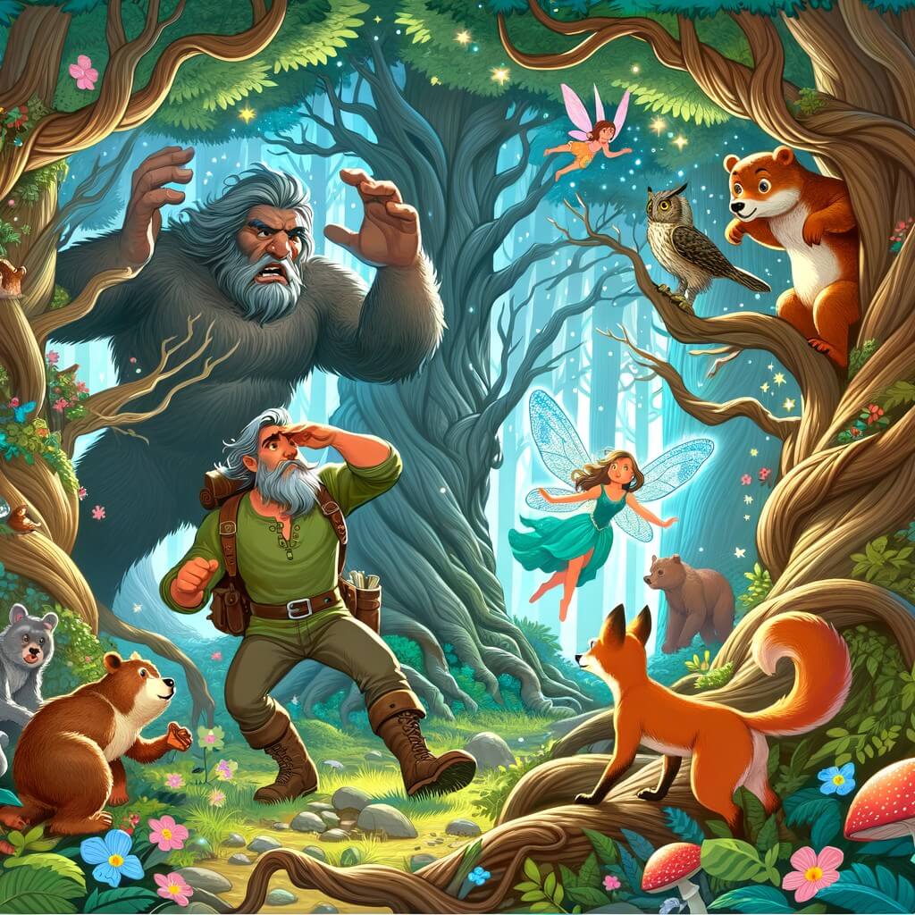 Une illustration destinée aux enfants représentant un homme courageux, se retrouvant dans une situation dangereuse, accompagné d'une fée enchantée, dans une forêt mystérieuse avec des arbres majestueux et des animaux curieux.