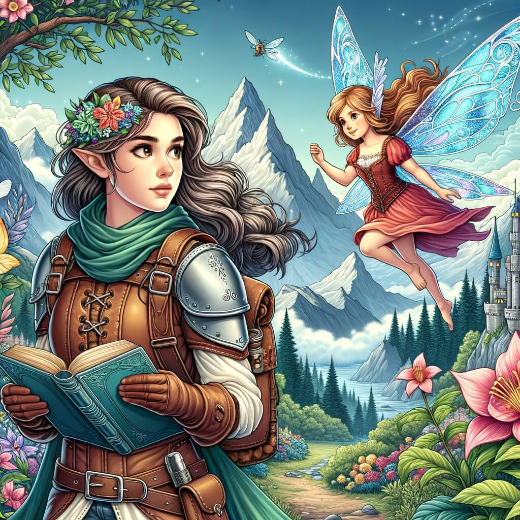 Une illustration destinée aux enfants représentant une jeune femme intrépide, plongée dans une aventure magique, accompagnée d'une fée aux ailes chatoyantes, dans un royaume féerique entouré de montagnes majestueuses et de jardins fleuris.