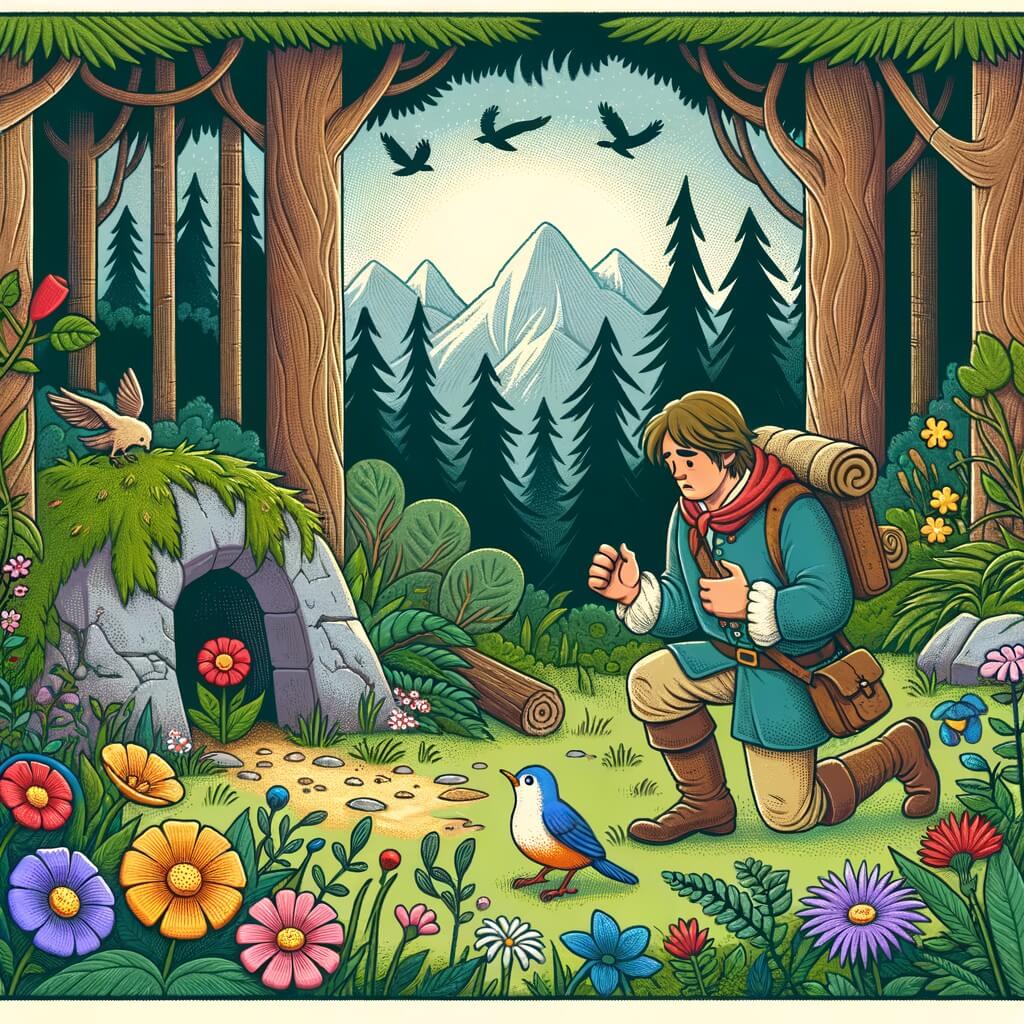 Une illustration pour enfants représentant un jeune homme intrépide et curieux qui explore la forêt enchantée où il rencontre des animaux magiques et des créatures merveilleuses.