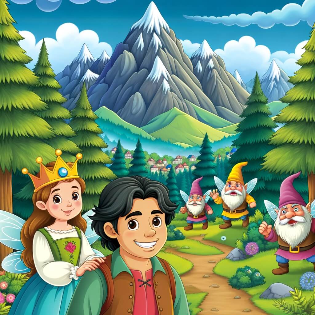 Une illustration destinée aux enfants représentant un homme au sourire amical, se trouvant dans une forêt enchantée entourée de montagnes majestueuses, accompagné d'une Reine des Fées, dans sa quête pour retrouver un objet mystérieux volé par les trolls.