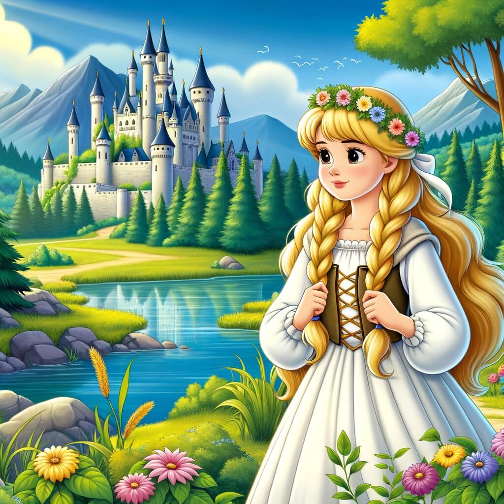 Une illustration pour enfants représentant une princesse courageuse, à la recherche d'un trésor magique, dans un royaume lointain.