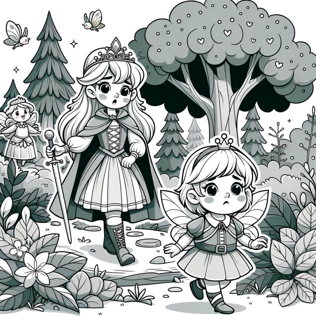 Une illustration destinée aux enfants représentant une princesse au cœur vaillant, perdue dans une forêt enchantée, accompagnée d'une petite fée triste, dans un royaume où les arbres dansent et les animaux parlent.