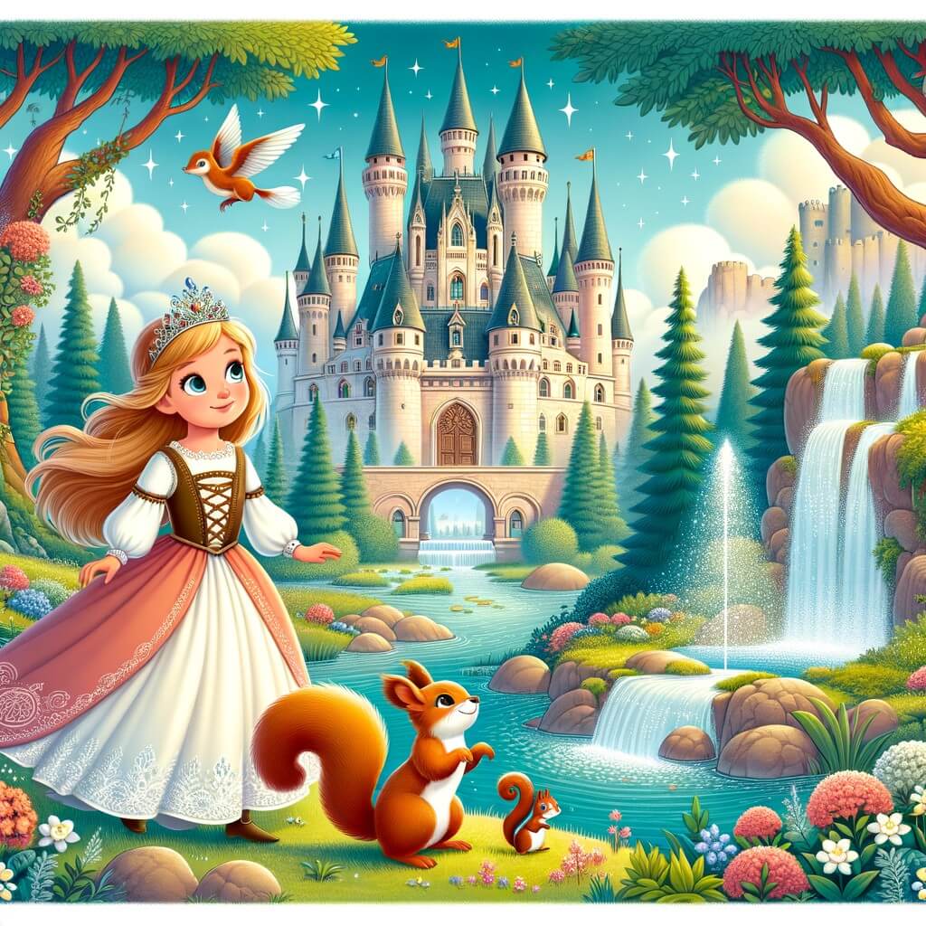 Une illustration destinée aux enfants représentant une princesse courageuse, perdue dans une forêt enchantée, accompagnée d'un fidèle écureuil, dans un château majestueux entouré de jardins fleuris et de fontaines étincelantes.