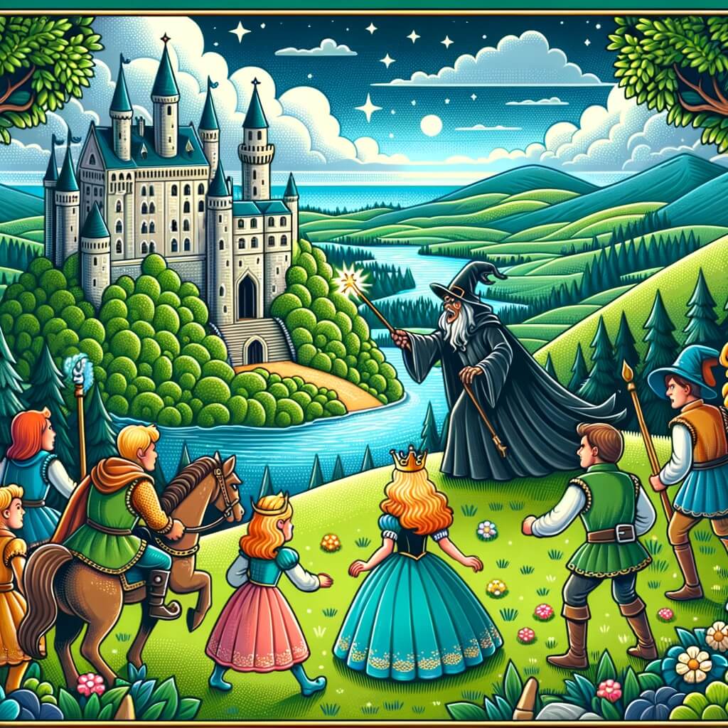 Une illustration destinée aux enfants représentant une princesse courageuse et déterminée, accompagnée de ses fidèles amis, affrontant un méchant sorcier dans un magnifique château perché sur une colline verdoyante surplombant une vallée scintillante.
