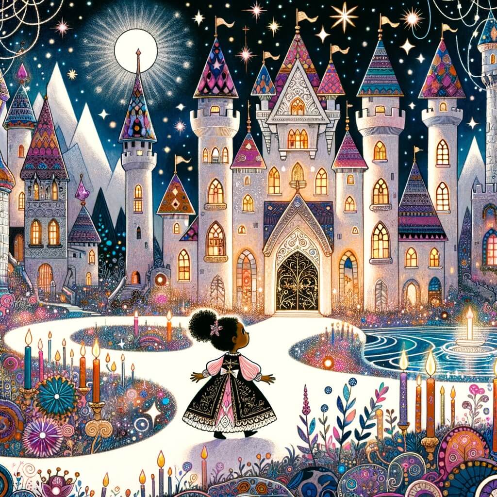 Une illustration pour enfants représentant une princesse solitaire dans un château enchanté, cherchant désespérément des amis dans un monde magique.