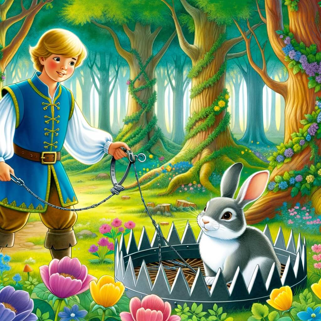 Une illustration destinée aux enfants représentant un jeune prince courageux, capturé dans un piège, aidé par un petit lapin, dans une forêt enchantée avec des arbres majestueux et des fleurs colorées.