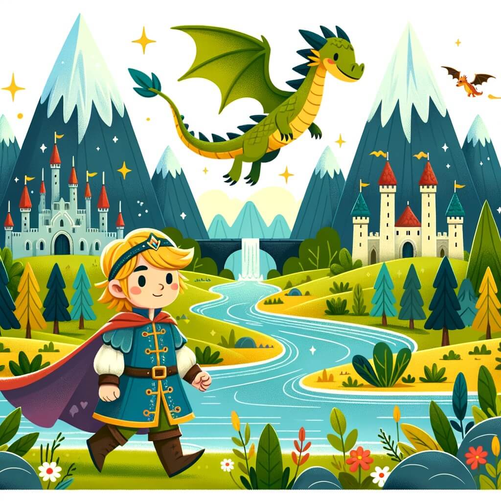 Une illustration pour enfants représentant un prince courageux en quête de l'antidote pour vaincre les forces des ténèbres dans un royaume magique et fantastique.