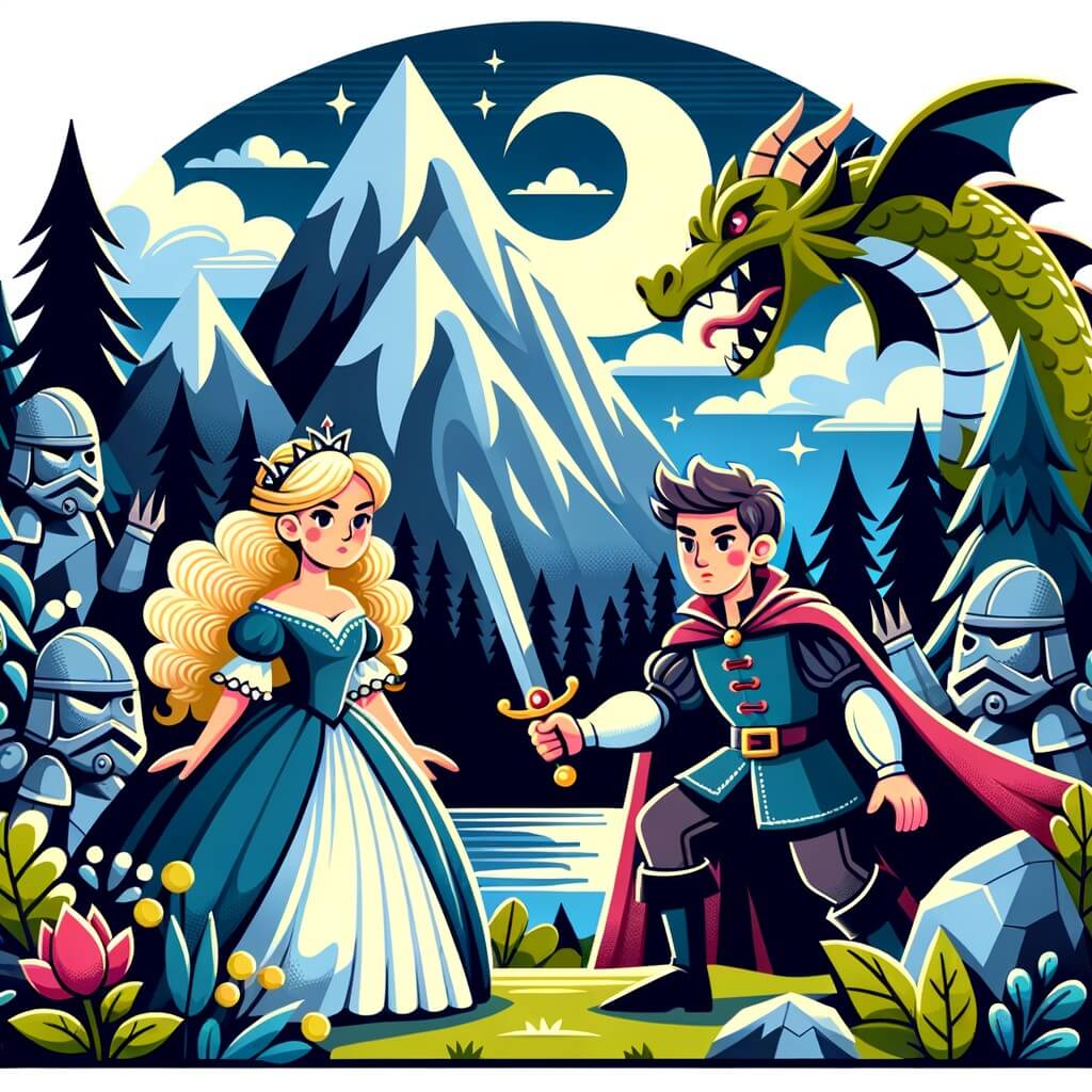 Une illustration pour enfants représentant un prince courageux, combattant un dragon maléfique dans une grotte sombre et mystérieuse.