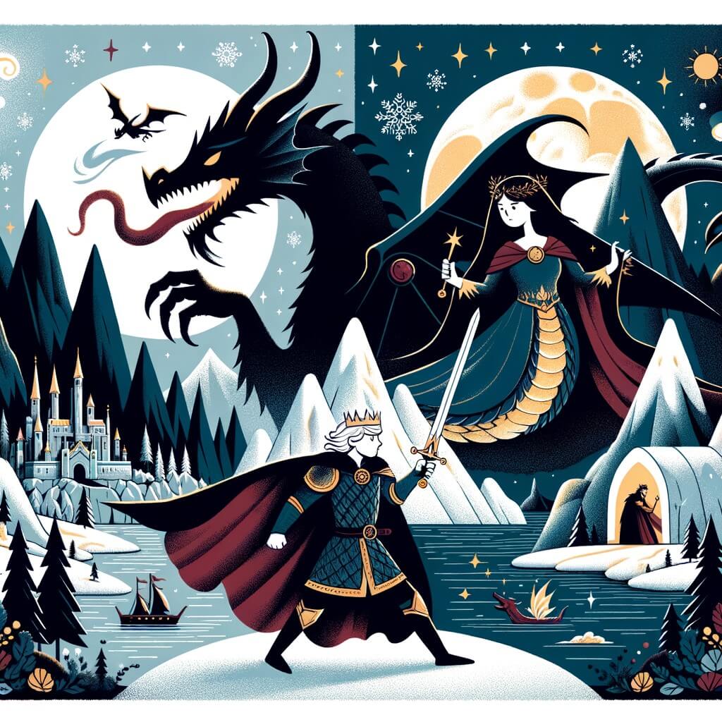 Une illustration pour enfants représentant un prince courageux partant à l'aventure pour sauver un royaume lointain d'un dragon géant, dans un monde fantastique et magique.