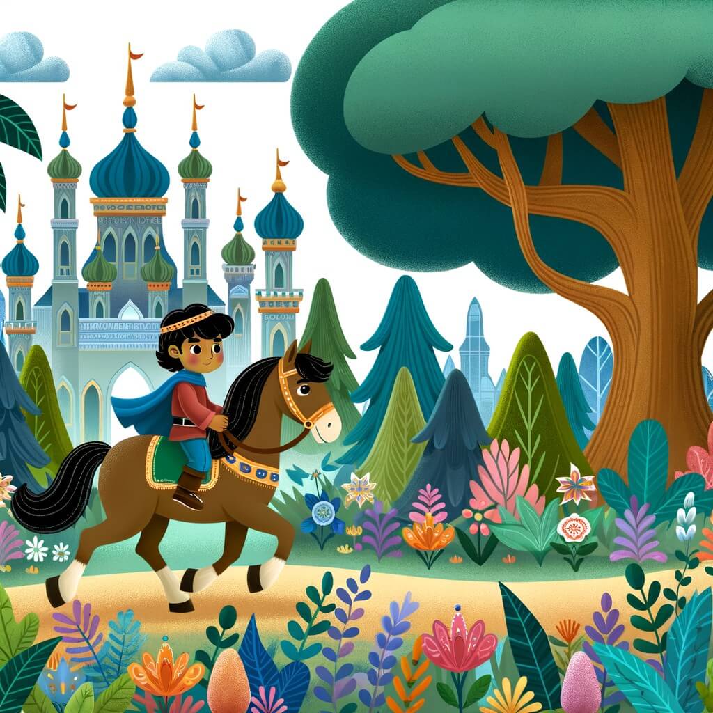 Une illustration destinée aux enfants représentant un jeune prince courageux, chevauchant son fidèle destrier, partant à l'aventure pour sauver une princesse captive, dans une forêt enchantée aux arbres majestueux et aux couleurs chatoyantes.