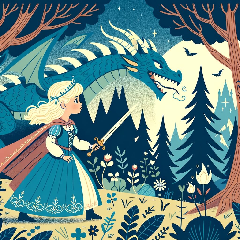 Une illustration destinée aux enfants représentant une jeune princesse courageuse se trouvant dans une forêt enchantée, accompagnée d'un dragon majestueux, dans le royaume lointain où elle cherche à prouver sa valeur.