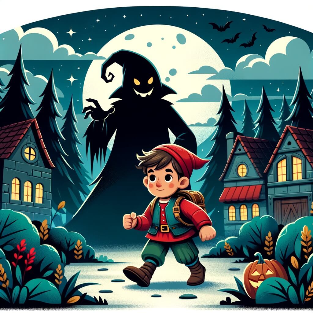 Une illustration destinée aux enfants représentant un petit garçon courageux, confronté à des contes effrayants, accompagné d'un mystérieux personnage, dans un village perché au sommet d'une colline, entouré d'une forêt sombre et mystique.
