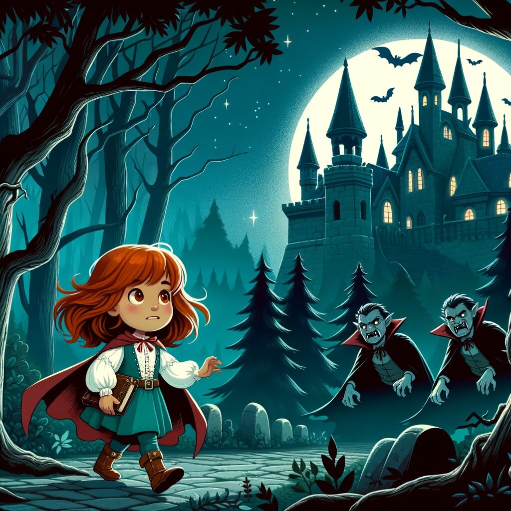 Une illustration destinée aux enfants représentant une petite fille courageuse et téméraire, se retrouvant confrontée à des vampires dans un château sinistre et abandonné, au cœur d'une forêt mystérieuse où les arbres semblent danser au clair de lune.