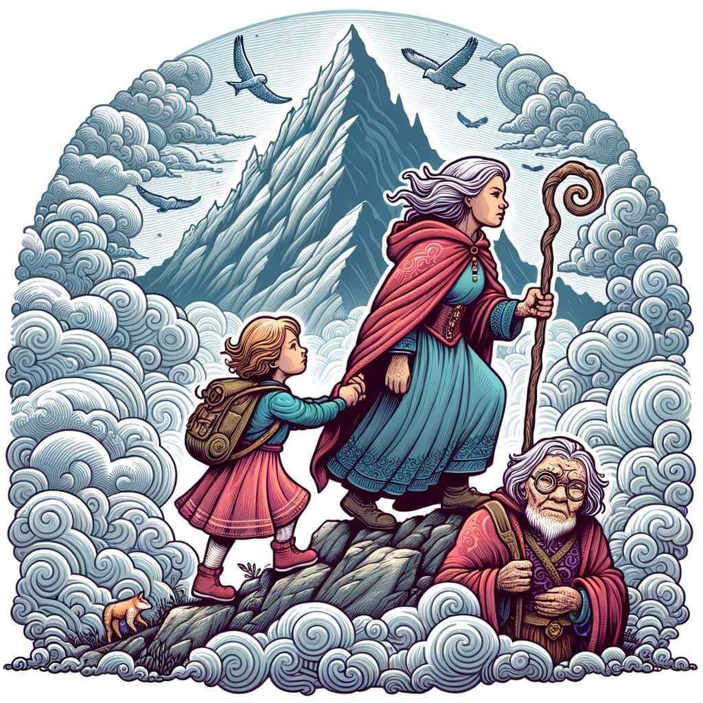 Une illustration pour enfants représentant une petite fille aventurière qui rencontre une vieille dame dans les montagnes magiques où les rêves se réalisent.