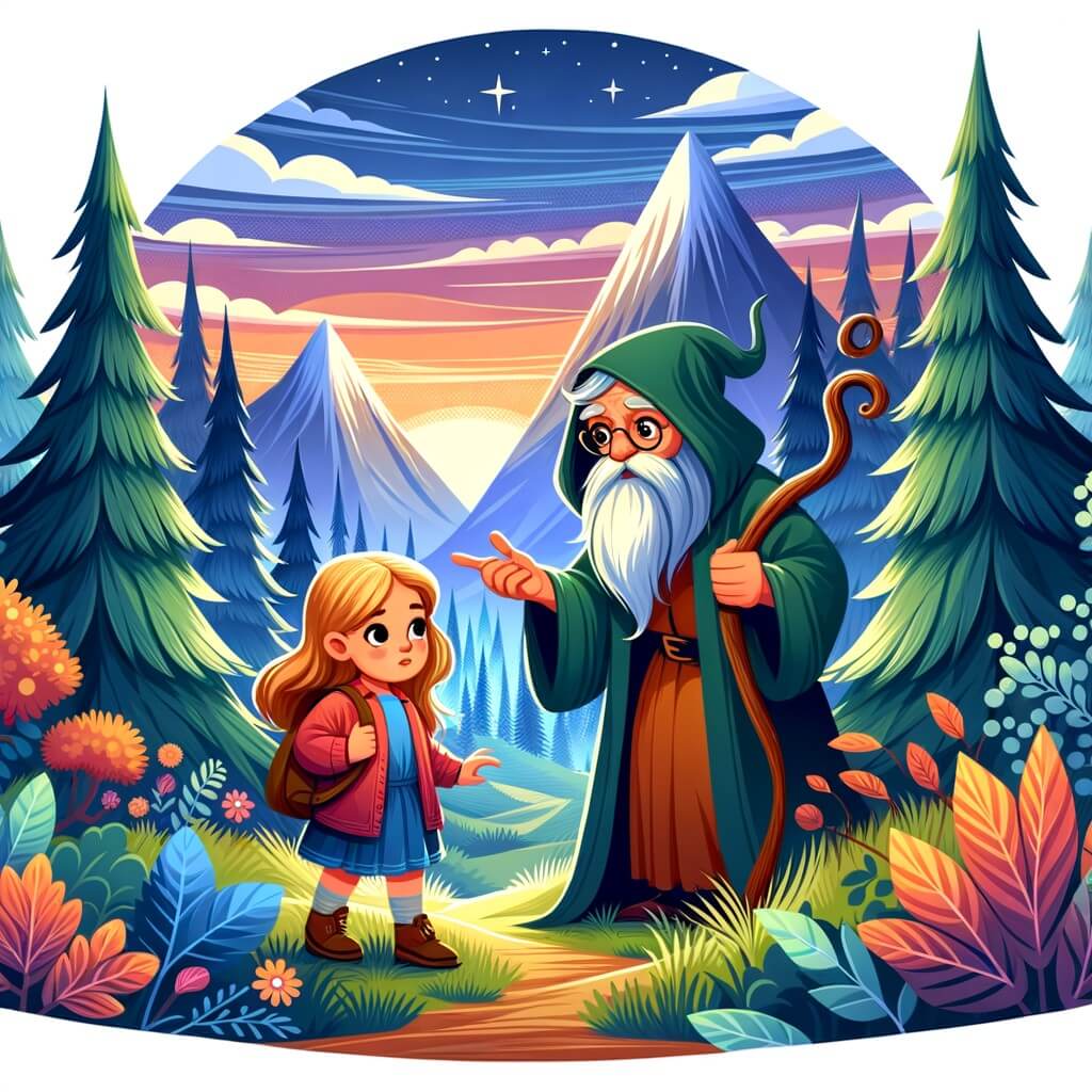 Une illustration destinée aux enfants représentant une petite fille curieuse et pleine d'espoir, qui cherche la vérité à travers des montagnes majestueuses, accompagnée d'un vieil homme sage, dans un village entouré de verdure et de fleurs colorées.