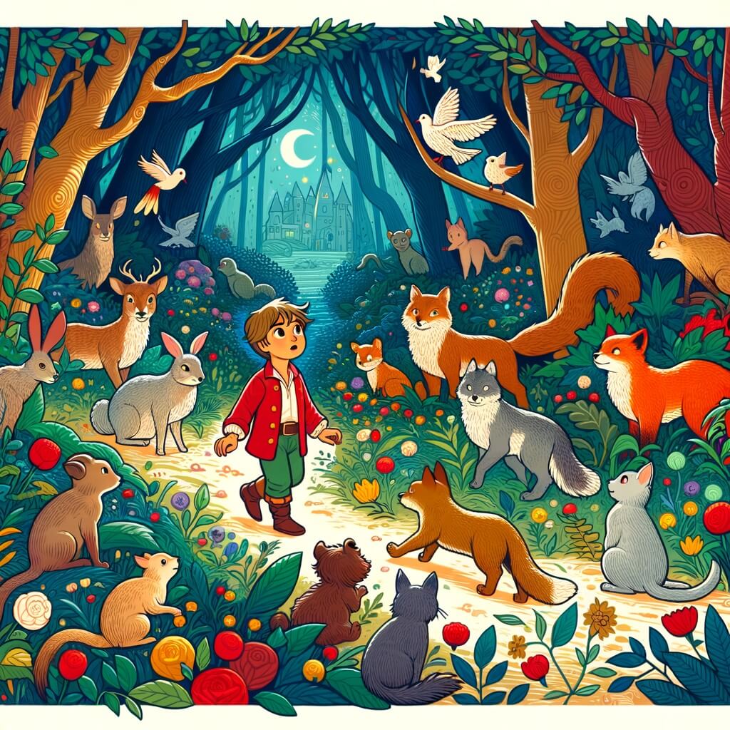 Une illustration destinée aux enfants représentant un petit garçon curieux se promenant dans une forêt enchantée, accompagné d'animaux parlants, à la recherche de vérités cachées.