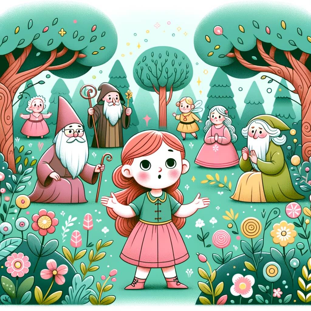Une illustration destinée aux enfants représentant une petite fille curieuse et émerveillée, entourée de personnages sages et mystérieux, dans un parc verdoyant où les fleurs dansent et les arbres murmurent leurs secrets.