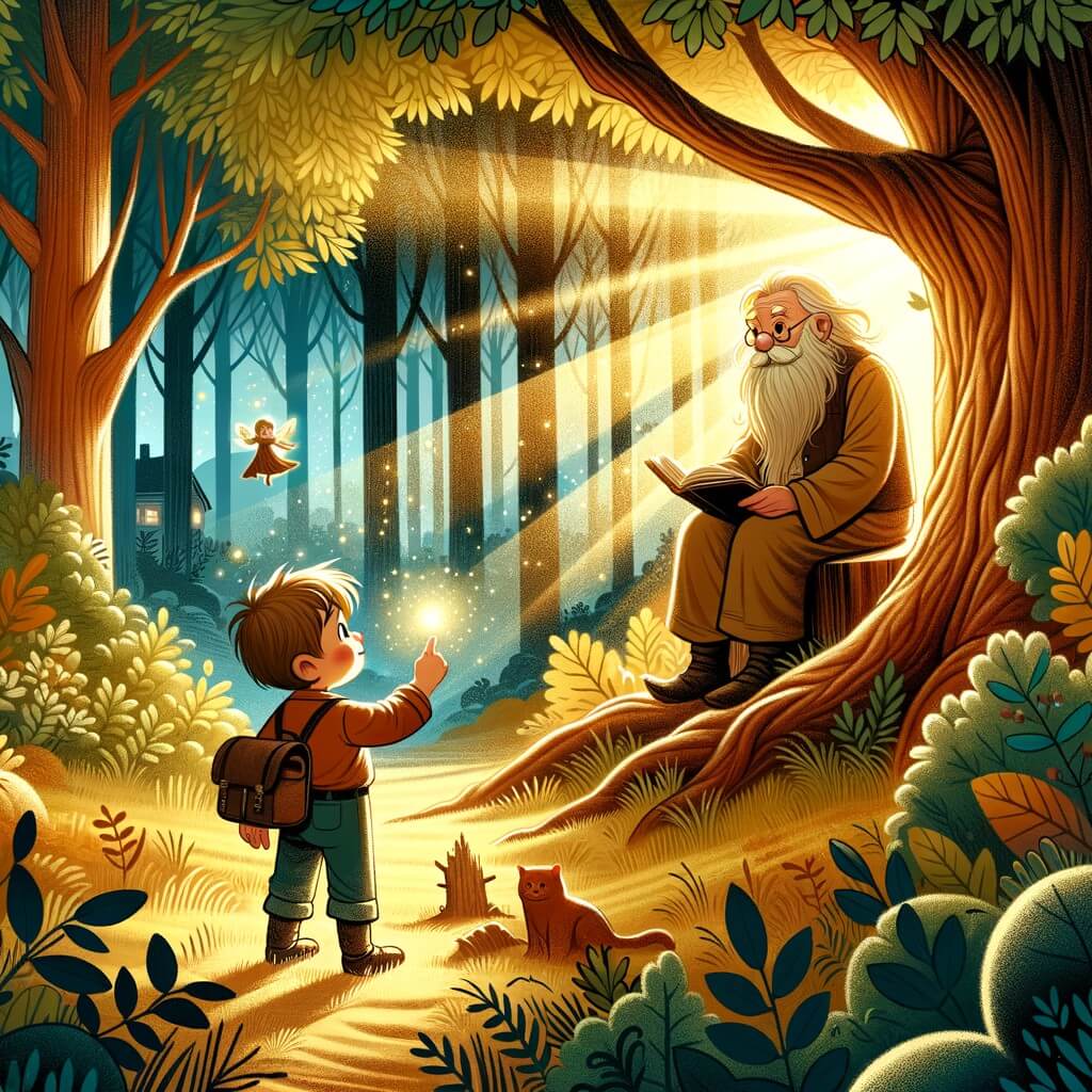 Une illustration destinée aux enfants représentant un petit garçon curieux, découvrant un arbre magique dans une forêt enchantée, accompagné d'un vieil homme sage, assis sur un tronc d'arbre, dans une clairière baignée de lumière dorée.