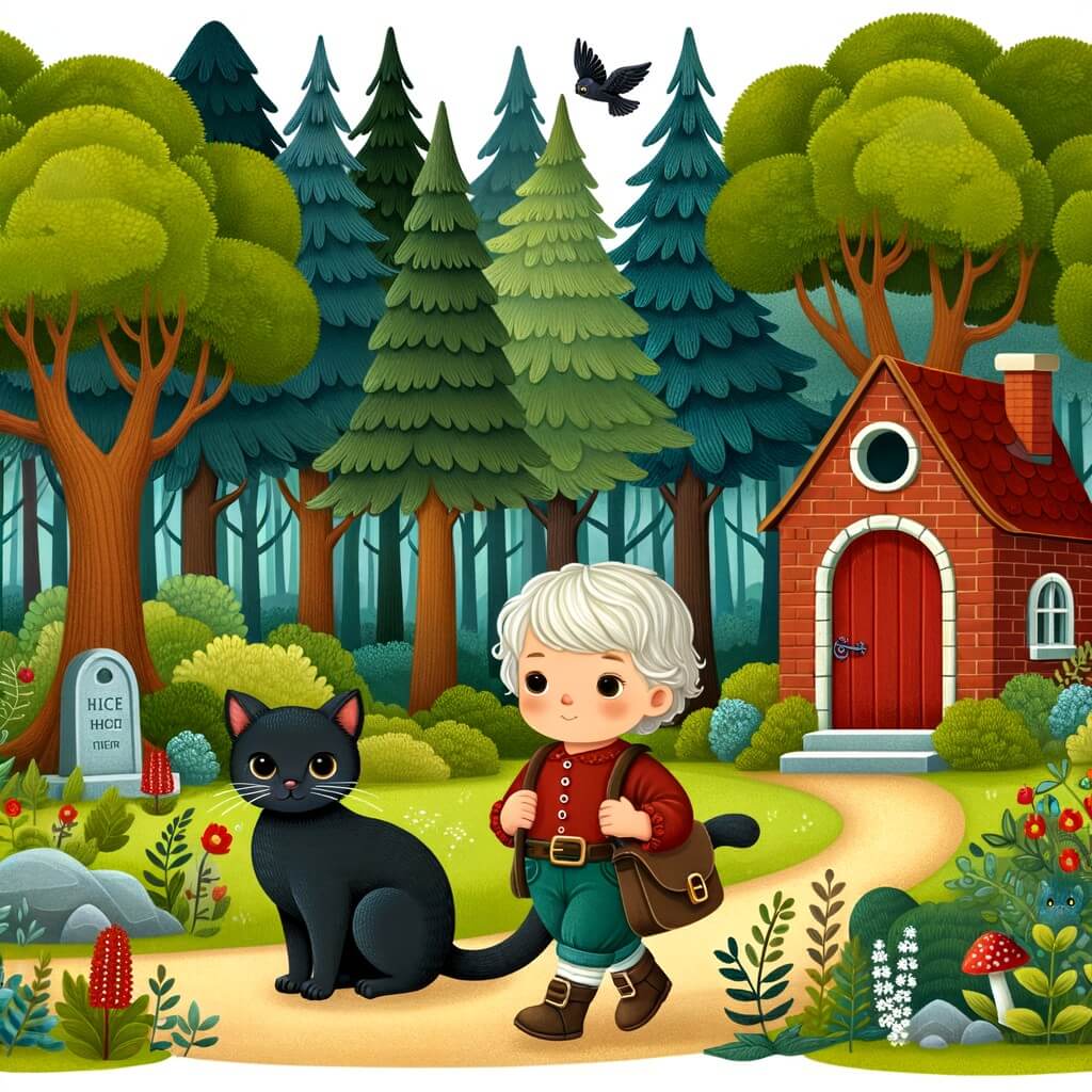 Une illustration destinée aux enfants représentant un petit garçon curieux, accompagné d'un chat noir élégant, explorant une forêt enchantée avec des arbres majestueux, une clairière accueillante et une petite maison en briques rouges avec une porte rouge et une fenêtre ronde.