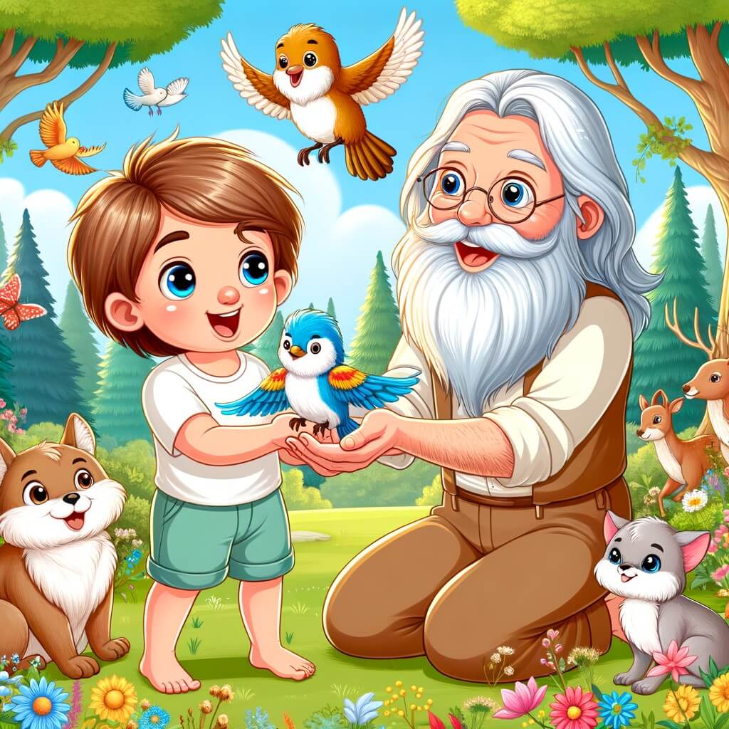 Une illustration destinée aux enfants représentant un petit garçon curieux, tenant un oiseau blessé dans ses bras, tandis qu'un vieux sage barbu lui sourit, entourés par une forêt enchantée remplie d'arbres majestueux, de fleurs colorées et d'animaux joyeux.