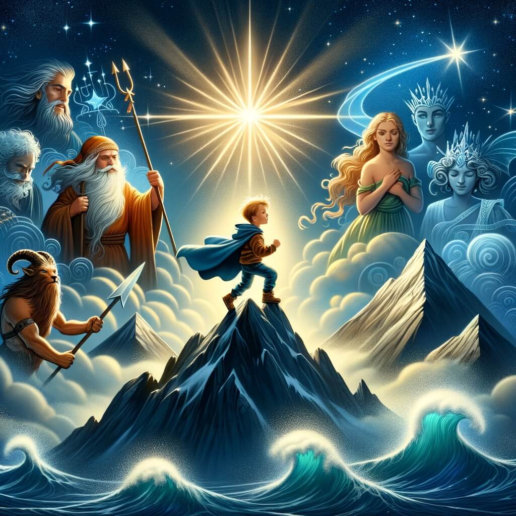 Une illustration destinée aux enfants représentant un petit garçon intrépide, plongé dans un monde mystérieux, accompagné de personnages allégoriques, au sommet d'une montagne majestueuse baignée par la lueur éclatante d'une étoile scintillante.