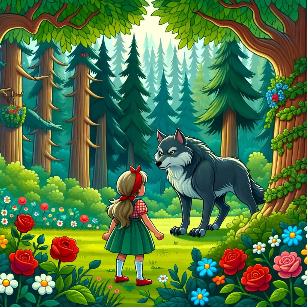 Une illustration destinée aux enfants représentant une petite fille courageuse, affrontant un grand méchant loup dans une forêt dense et verdoyante, avec des arbres majestueux et des fleurs colorées.