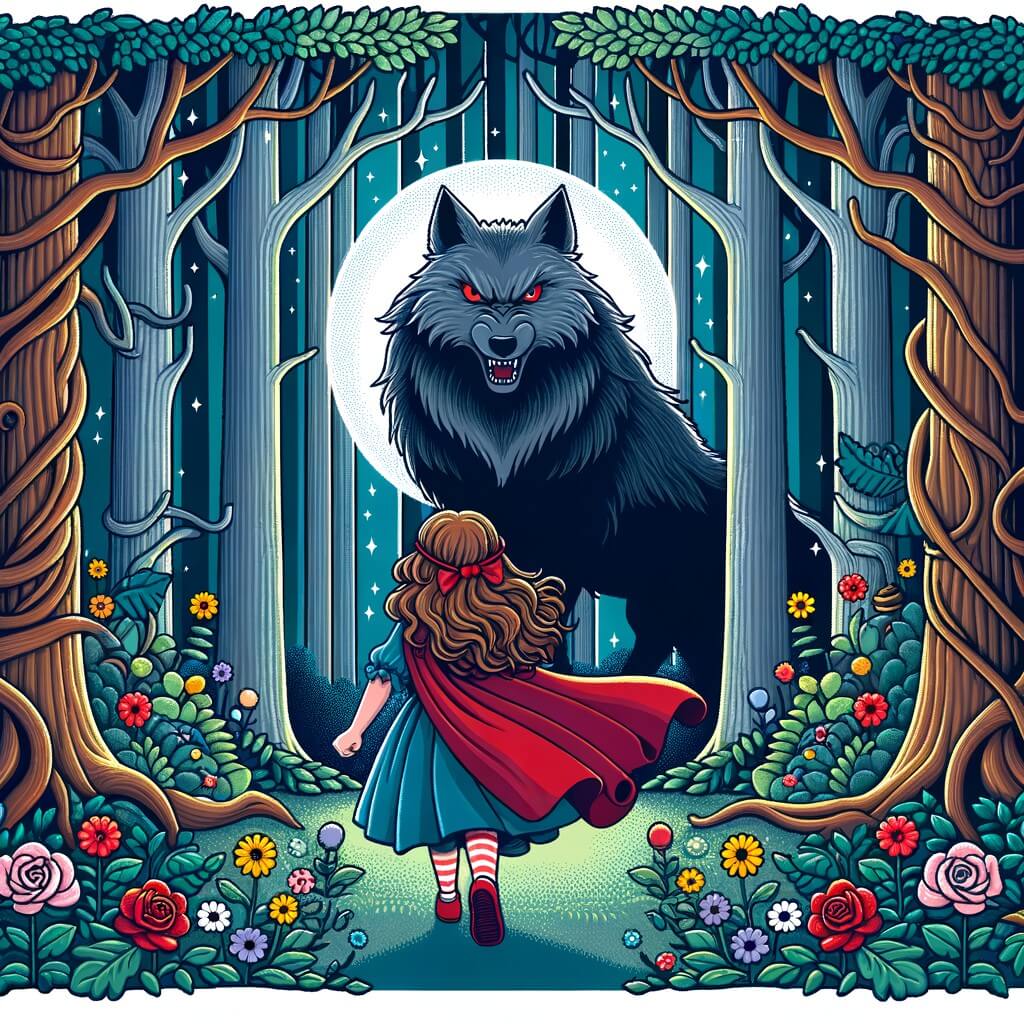 Une illustration destinée aux enfants représentant une petite fille courageuse, se tenant face à un grand méchant loup, dans une sombre forêt enchantée bordée d'arbres majestueux et de fleurs colorées.