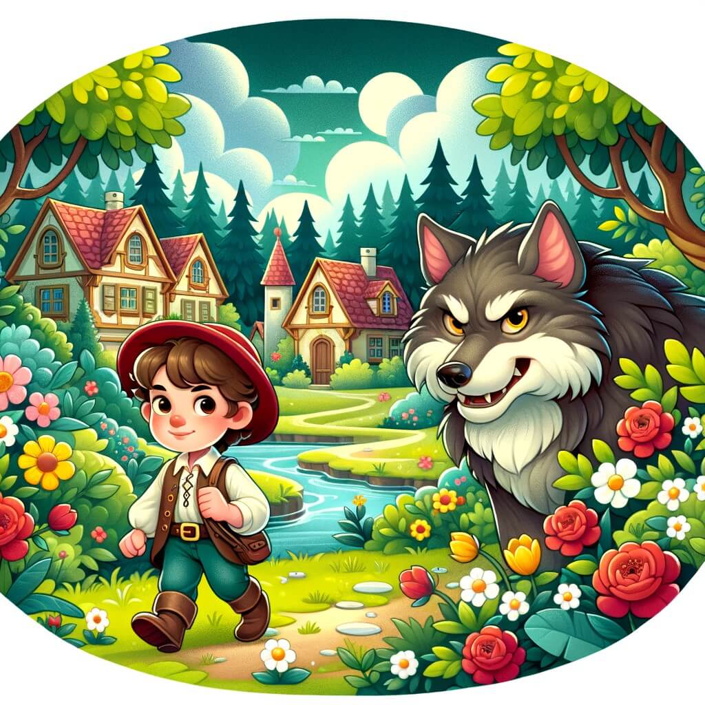 Une illustration destinée aux enfants représentant un petit garçon courageux, accompagné d'un grand méchant loup, se trouvant dans un village paisible entouré de bois verdoyants et de champs fleuris.