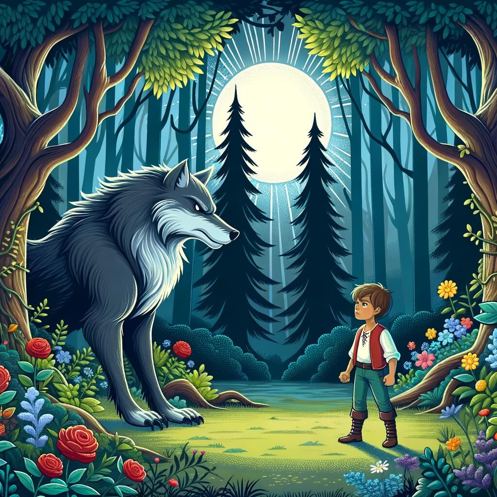 Une illustration pour enfants représentant un petit garçon courageux faisant face à un grand méchant loup dans le village au cœur de la forêt.
