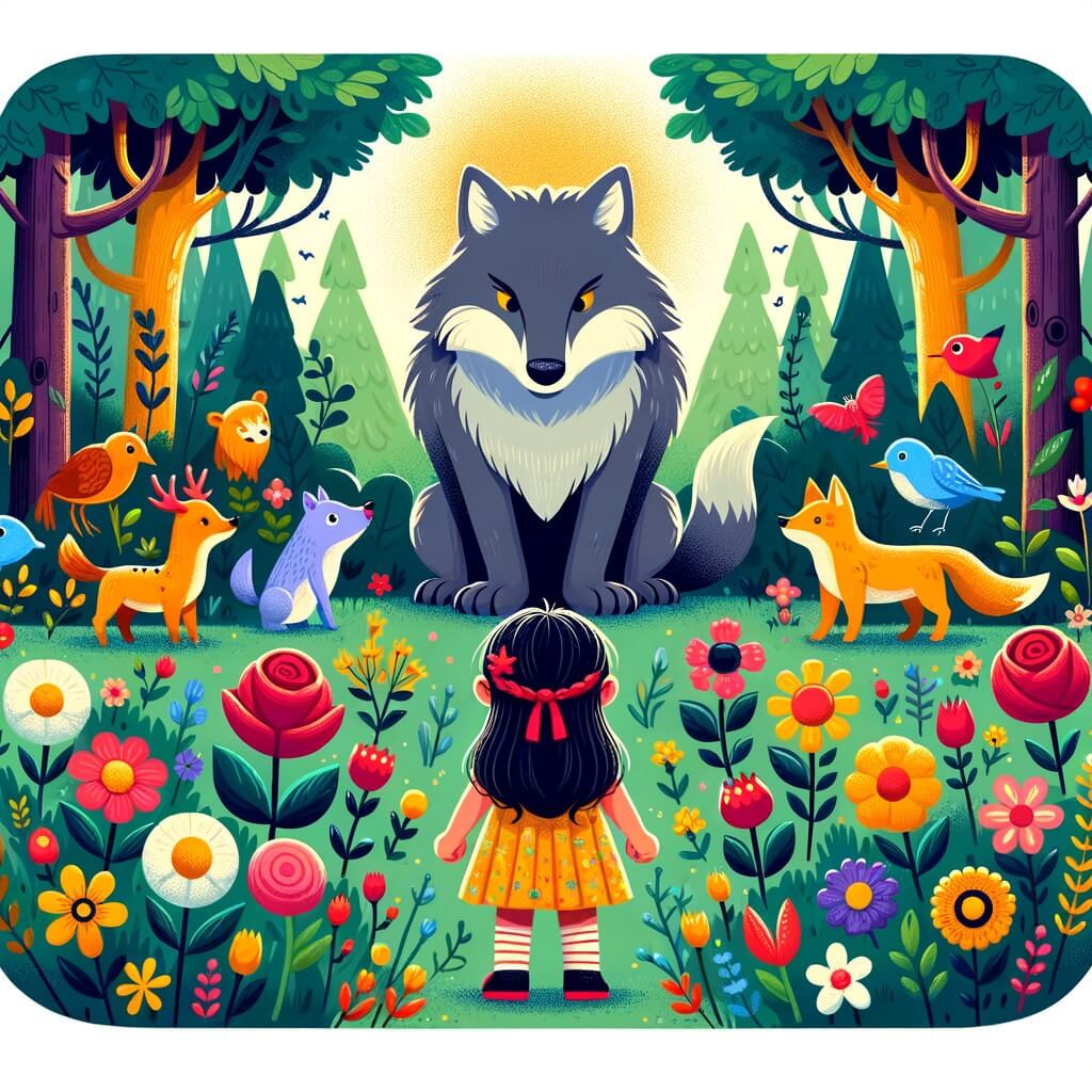 Une illustration destinée aux enfants représentant une petite fille courageuse, face au grand méchant loup, dans une forêt enchantée remplie de fleurs colorées et d'animaux curieux.