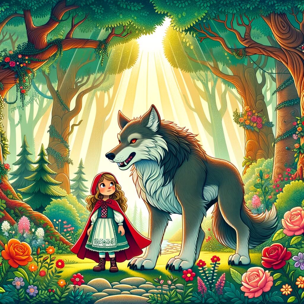 Une illustration destinée aux enfants représentant une petite fille courageuse, accompagnée d'un grand méchant loup affamé, se trouvant dans une forêt enchantée remplie d'arbres majestueux, de fleurs colorées et de rayons de soleil qui filtrent à travers le feuillage.