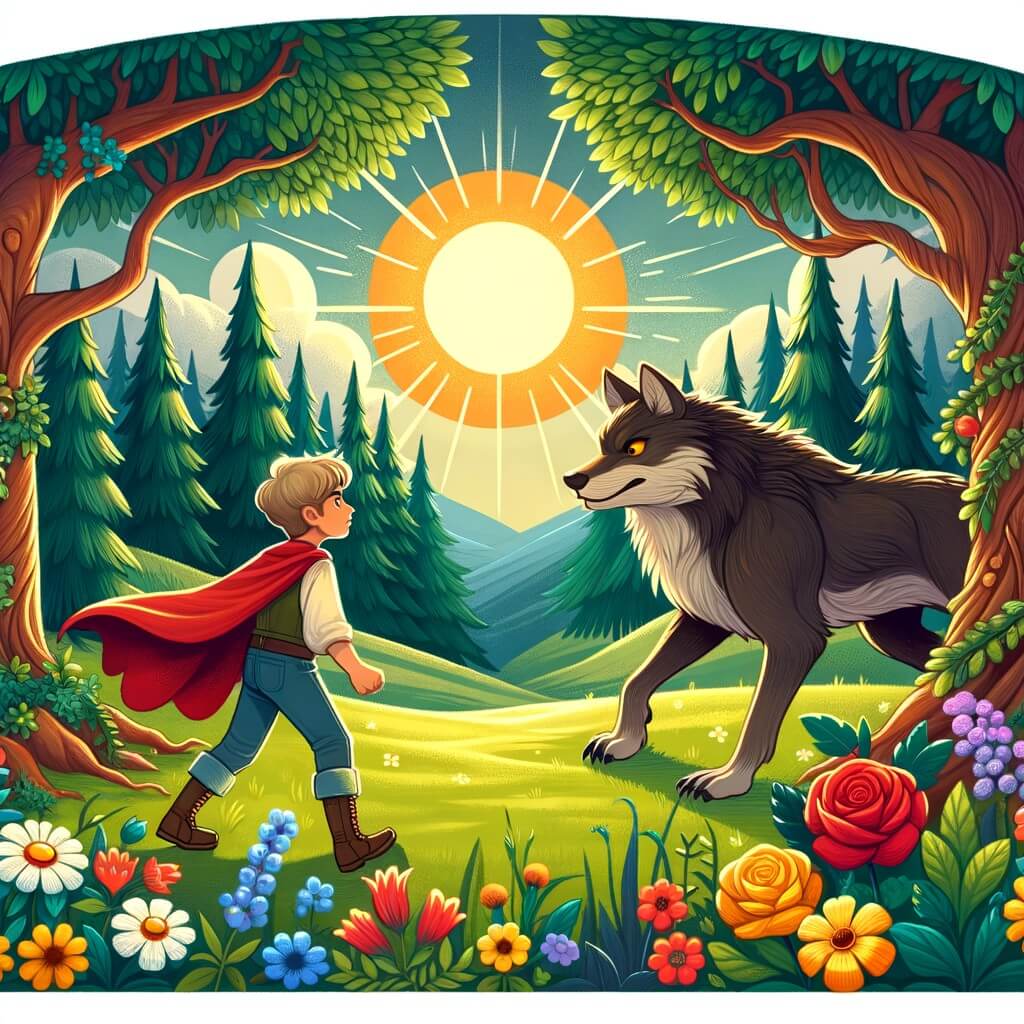Une illustration destinée aux enfants représentant un petit garçon courageux, confronté au grand méchant loup dans une clairière enchantée, avec des arbres majestueux, des fleurs colorées et un soleil radieux.