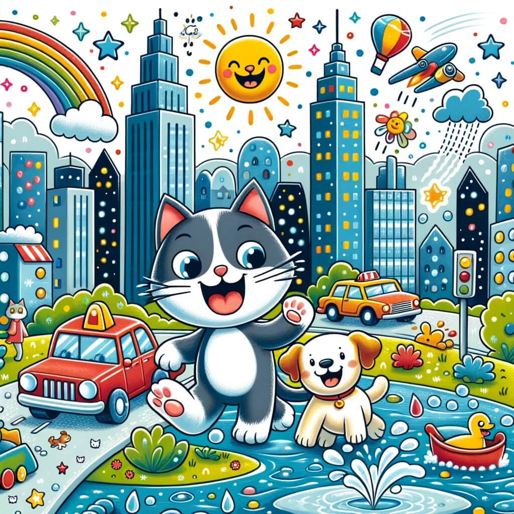 Une illustration destinée aux enfants représentant un chat curieux et aventureux, accompagné d'un chien joyeux, explorant une ville animée avec ses gratte-ciel scintillants, ses voitures colorées et ses fontaines éclaboussantes.