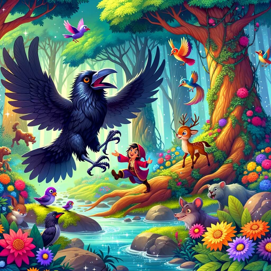 Une illustration destinée aux enfants représentant un corbeau farceur, en train de jouer des tours à ses amis animaux, dans une forêt enchantée avec des arbres majestueux, des fleurs colorées et une rivière scintillante.
