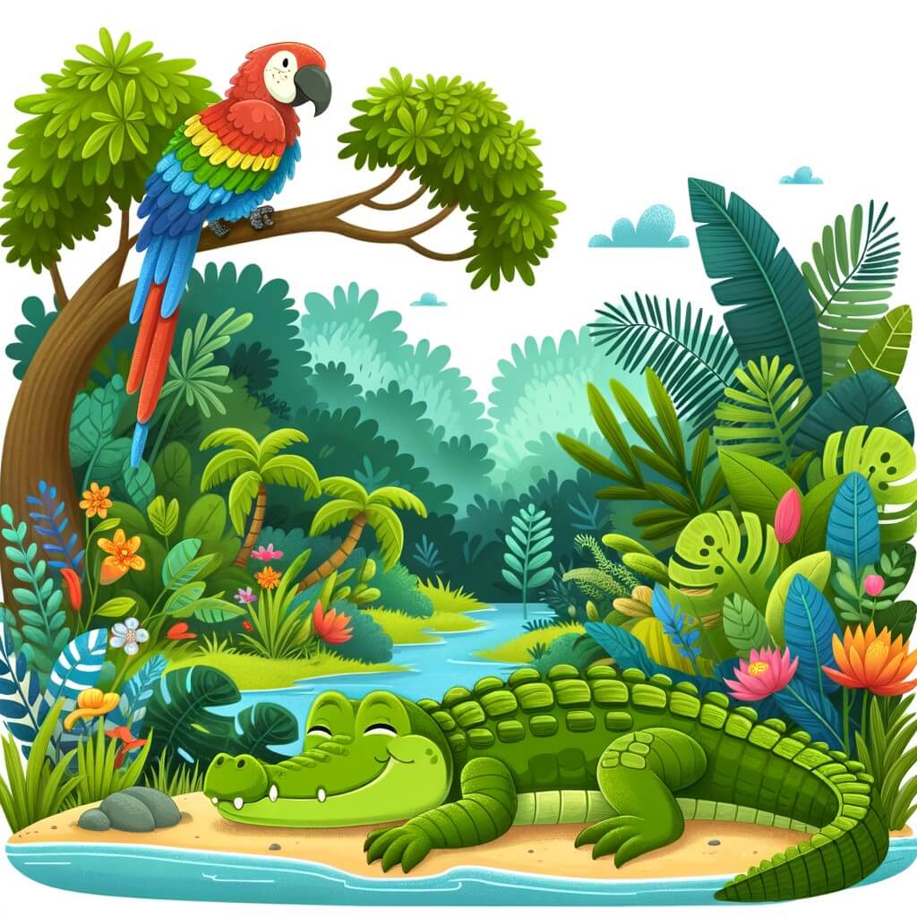 Une illustration pour enfants représentant un grand crocodile assoupi au bord d'une rivière, qui rencontre un perroquet qui cherche un endroit pour construire son nid, dans une forêt paisible.