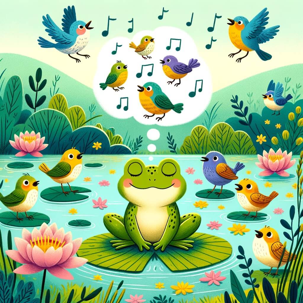 Une illustration destinée aux enfants représentant une adorable grenouille rêveuse, entourée d'oiseaux joyeux, dans un marais verdoyant et chatoyant où les nénuphars dansent au rythme de la musique des grenouilles.
