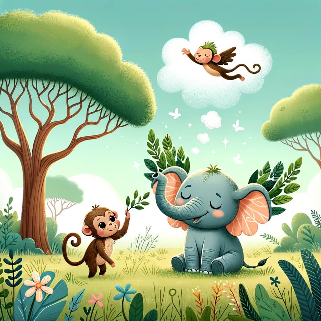 Une illustration destinée aux enfants représentant un éléphant rêveur, qui fabrique des ailes en feuilles et en branches, accompagné d'un singe bricoleur, dans une savane luxuriante aux arbres majestueux et à l'herbe verte et douce.