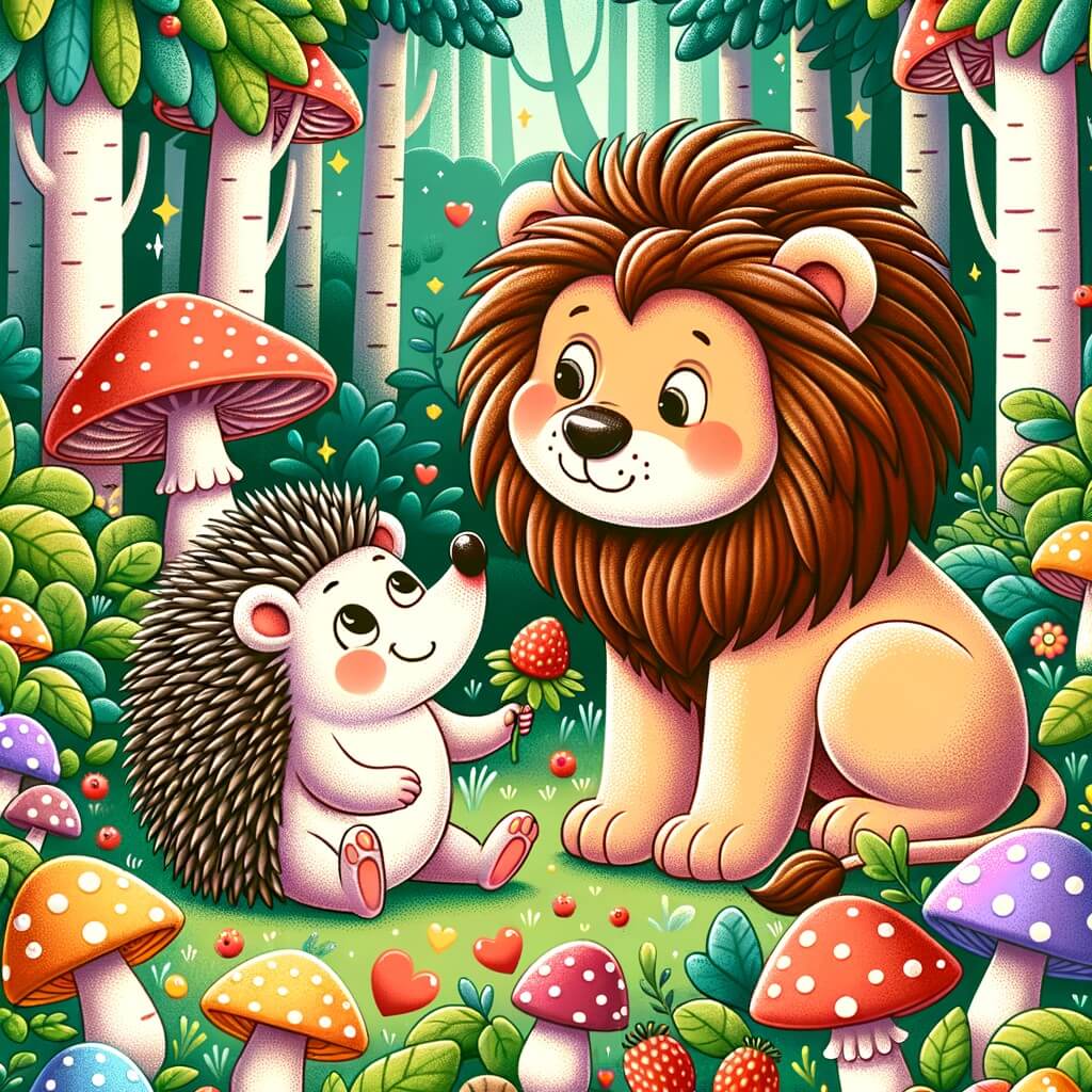 Une illustration destinée aux enfants représentant un adorable hérisson, se retrouvant dans une situation hilarante avec un lion, dans une forêt enchantée remplie de champignons colorés et de baies juteuses.