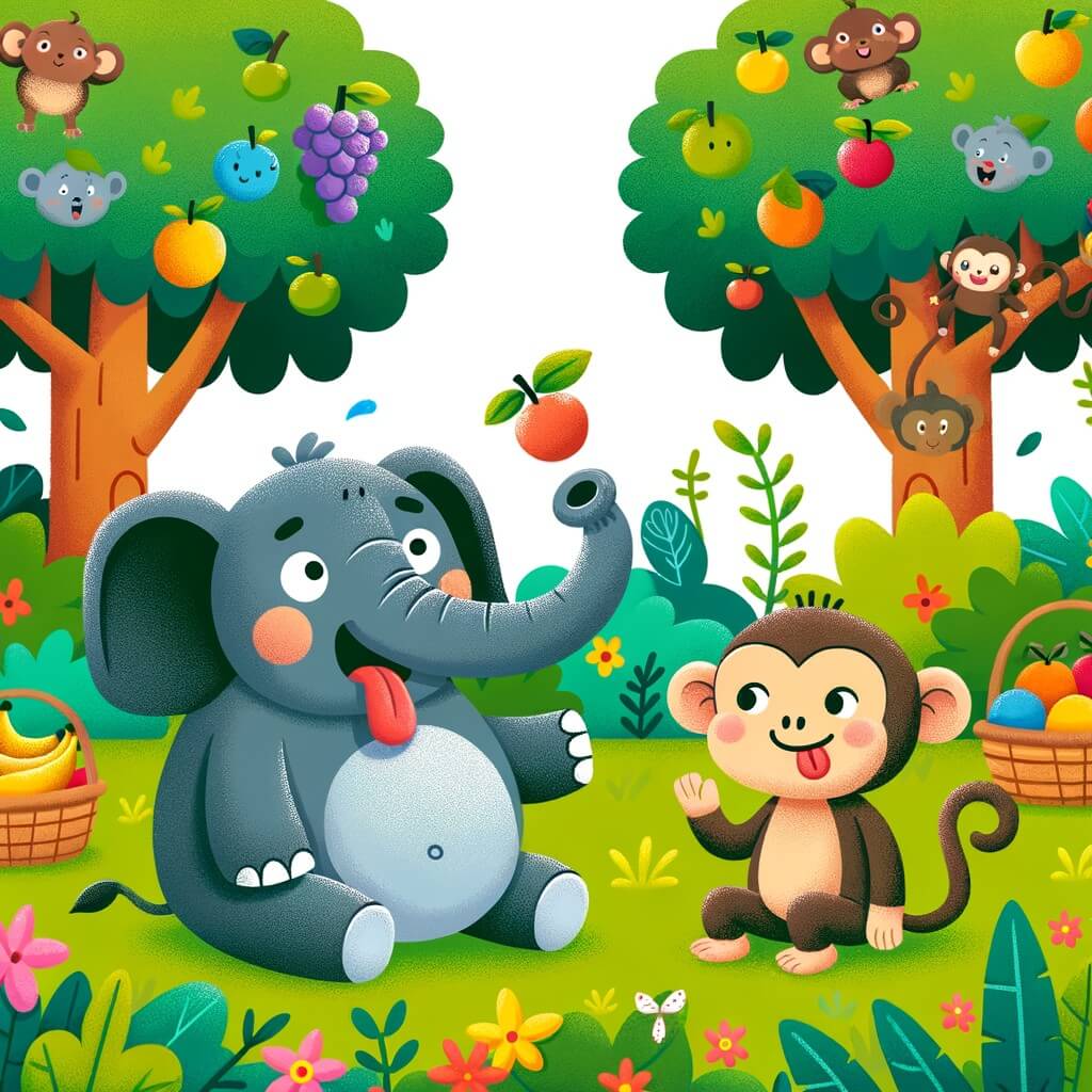 Une illustration destinée aux enfants représentant un éléphant gourmand et affamé, avec un singe malicieux comme personnage secondaire, dans une forêt luxuriante remplie d'arbres fruitiers colorés et d'animaux joyeux.