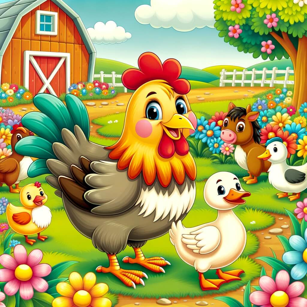 Une illustration pour enfants représentant une poule fière et heureuse, se prélassant sous le soleil dans la cour de sa ferme, entourée d'autres animaux amusants.