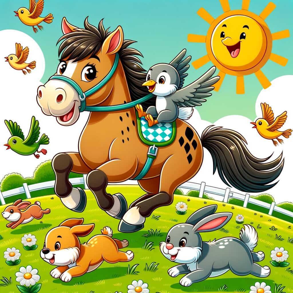 Une illustration destinée aux enfants représentant un cheval malicieux participant à une course de chevaux dans une prairie ensoleillée, accompagné de son fidèle ami, un chien joueur, entourés de lapins sautillants et d'oiseaux chantant.