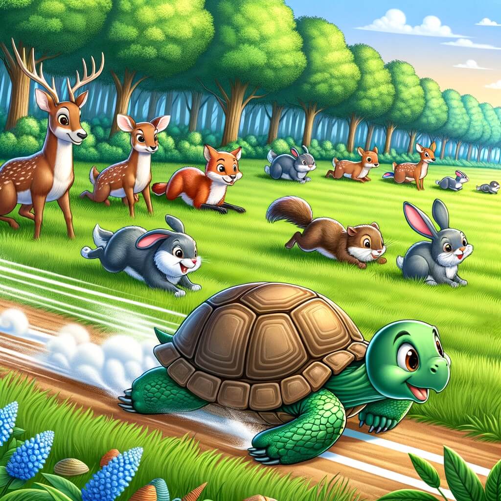 Une illustration destinée aux enfants représentant une tortue pleine de détermination participant à une course de vitesse dans une prairie verdoyante, avec des animaux de la forêt comme spectateurs amusés.