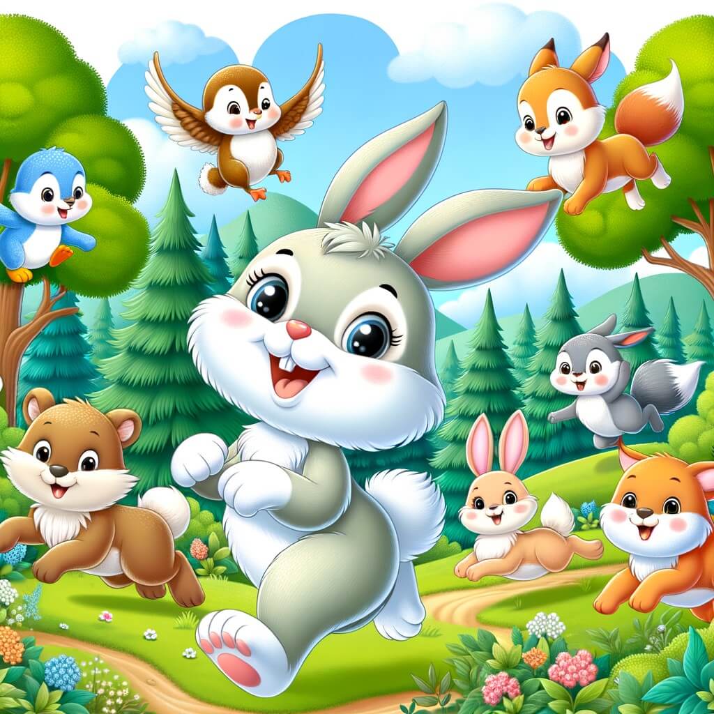 Une illustration destinée aux enfants représentant un adorable lapin malicieux se trouvant dans une forêt enchantée, accompagné d'autres animaux joyeux, dans une course palpitante vers une prairie verdoyante.