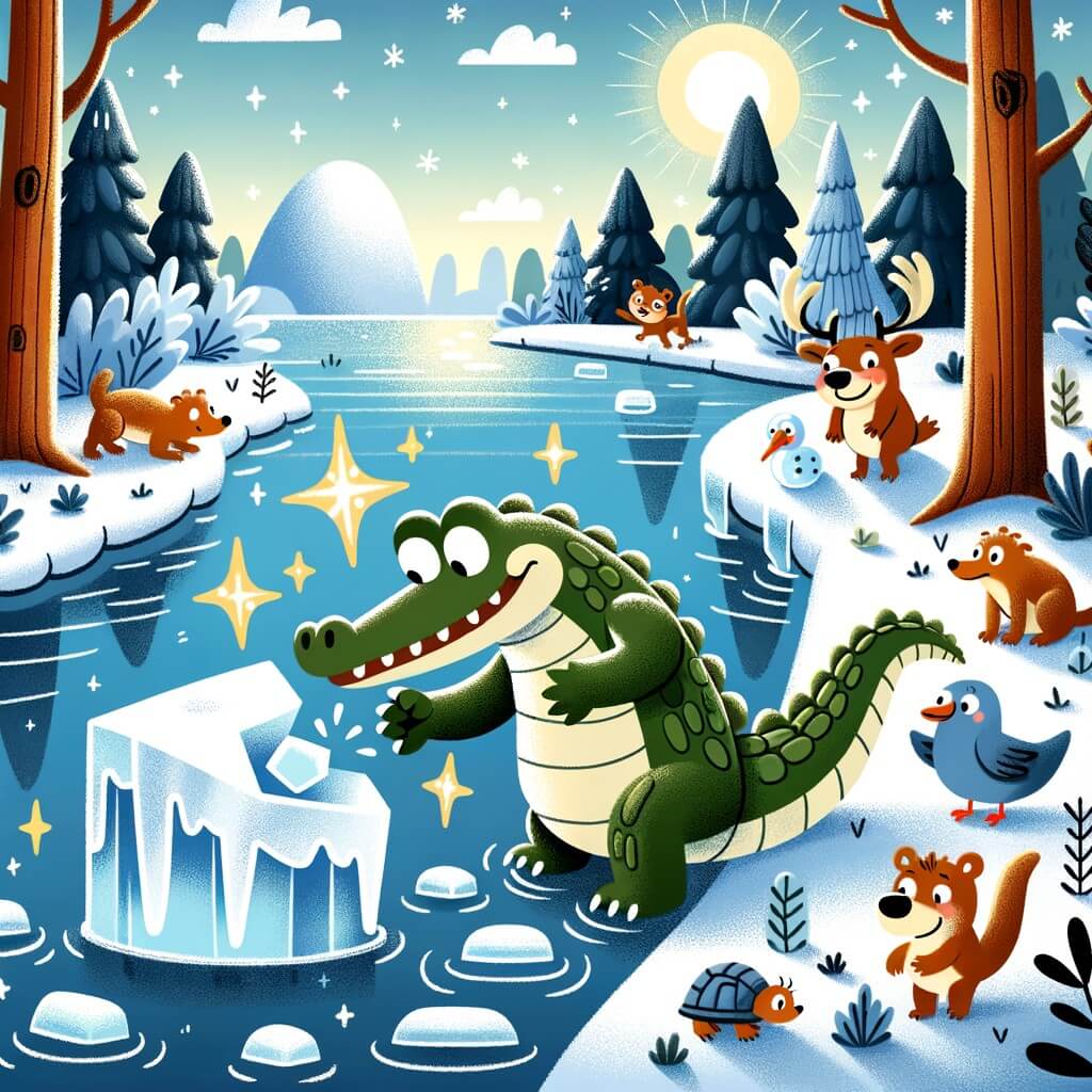 Une illustration destinée aux enfants représentant un joyeux crocodile maladroit découvrant un mystérieux objet blanc et froid près de la rivière, accompagné de ses amis animaux curieux, dans un paysage hivernal enchanté où la glace scintille sous le soleil.