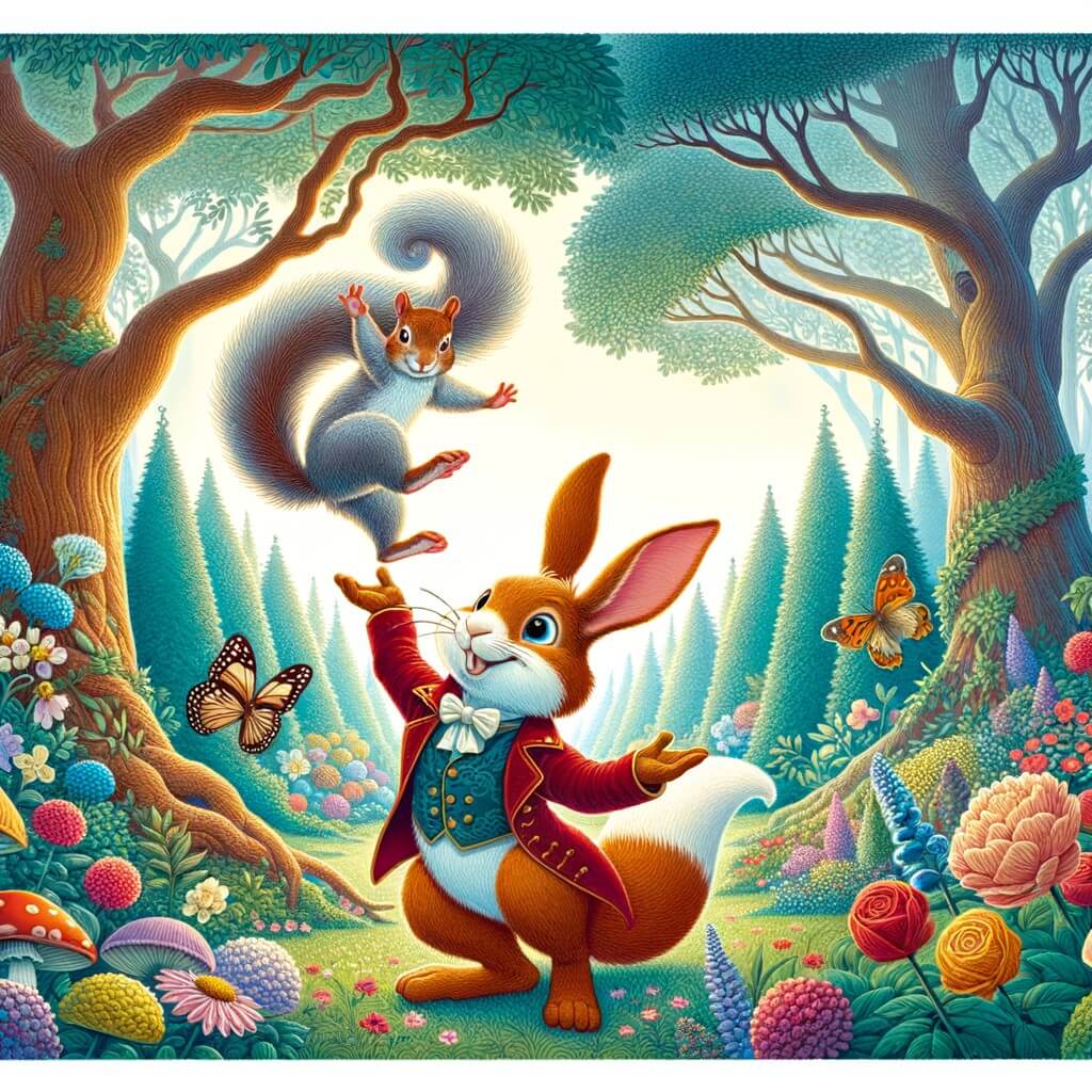 Une illustration destinée aux enfants représentant un joyeux lapin espiègle qui fait des acrobaties avec un écureuil dans une forêt enchantée remplie de fleurs colorées et d'arbres majestueux.
